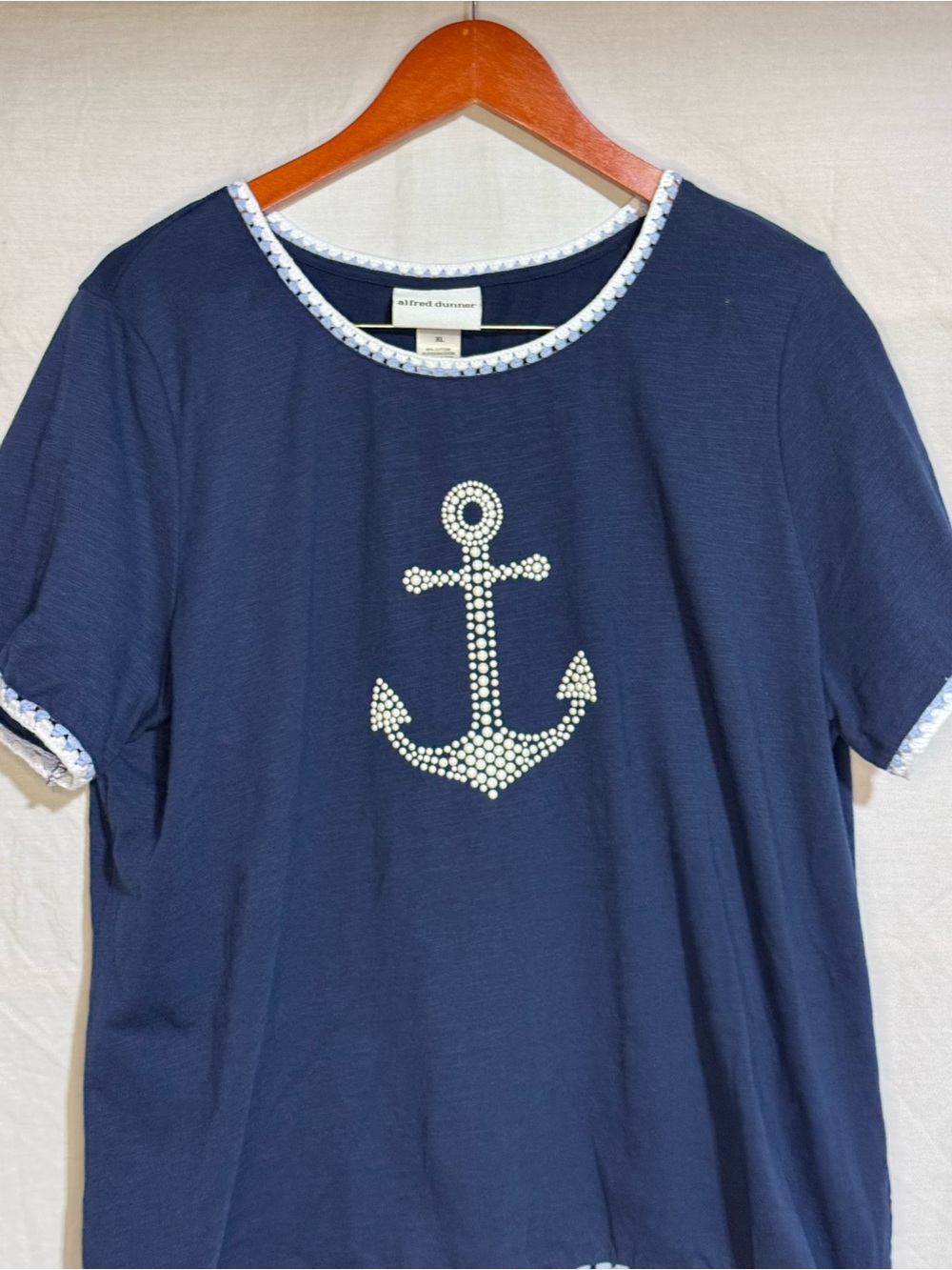Alfred Dunner Navy Short Sleeve Top with White Anchor Accent - Picture 2 of 9